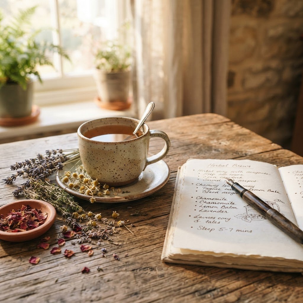 Warm atmospheric shot of ceramic teacup, dried botanical herbs, and handwritten recipe notes on a rustic wooden table with soft afternoon sunlight