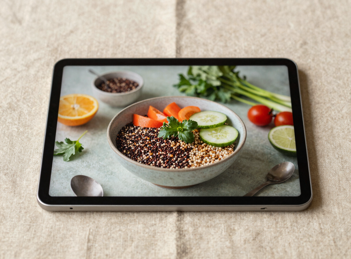 Tablet resting on a linen placemat displaying a colorful quinoa bowl recipe surrounded by fresh ingredients