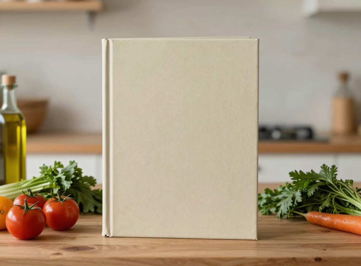 Hardcover cookbook standing upright on a clean wooden kitchen counter beside vibrant fresh vegetables and olive oil