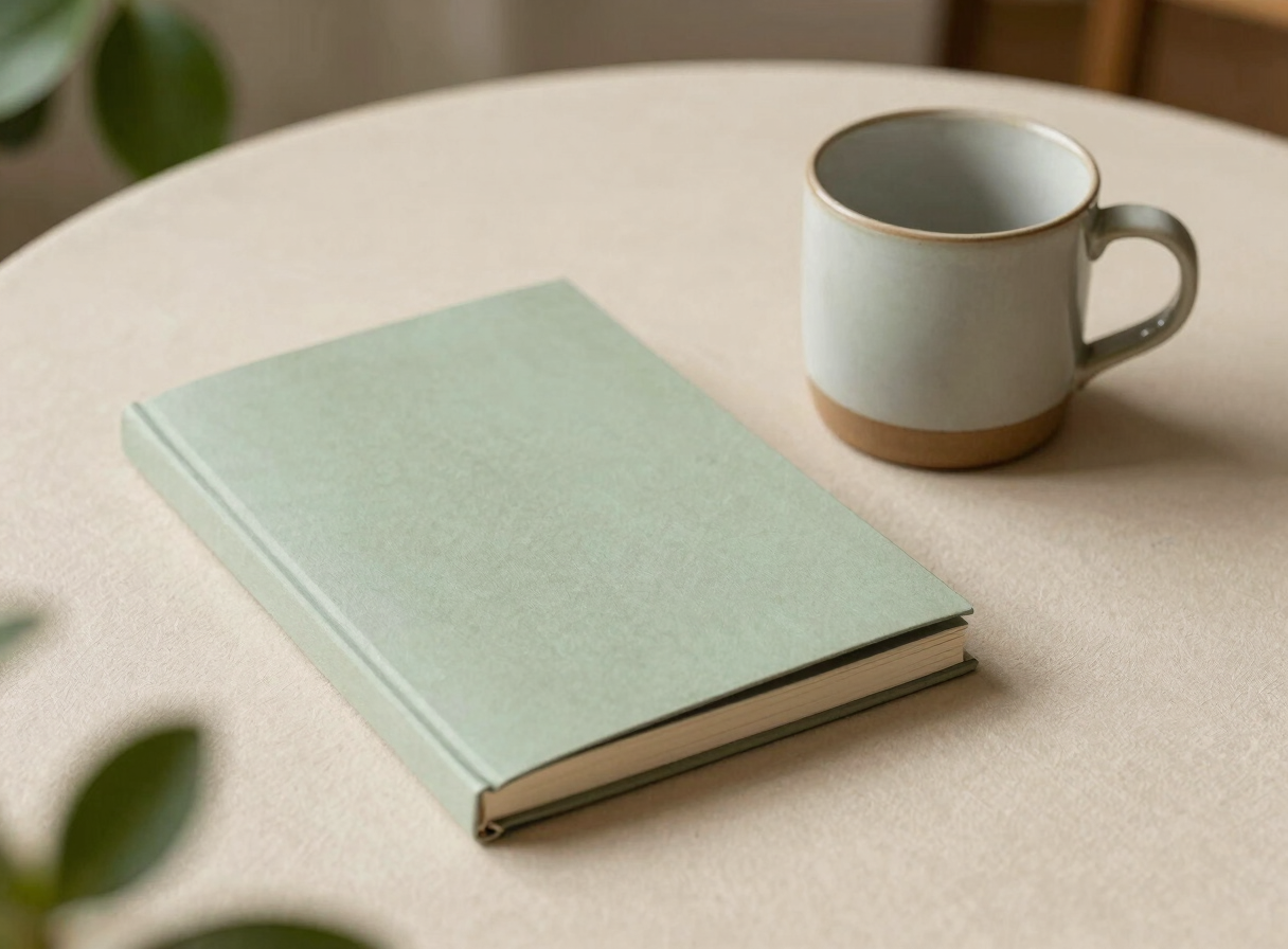 A beautifully bound booklet resting beside a ceramic mug with soft shadows from nearby houseplants